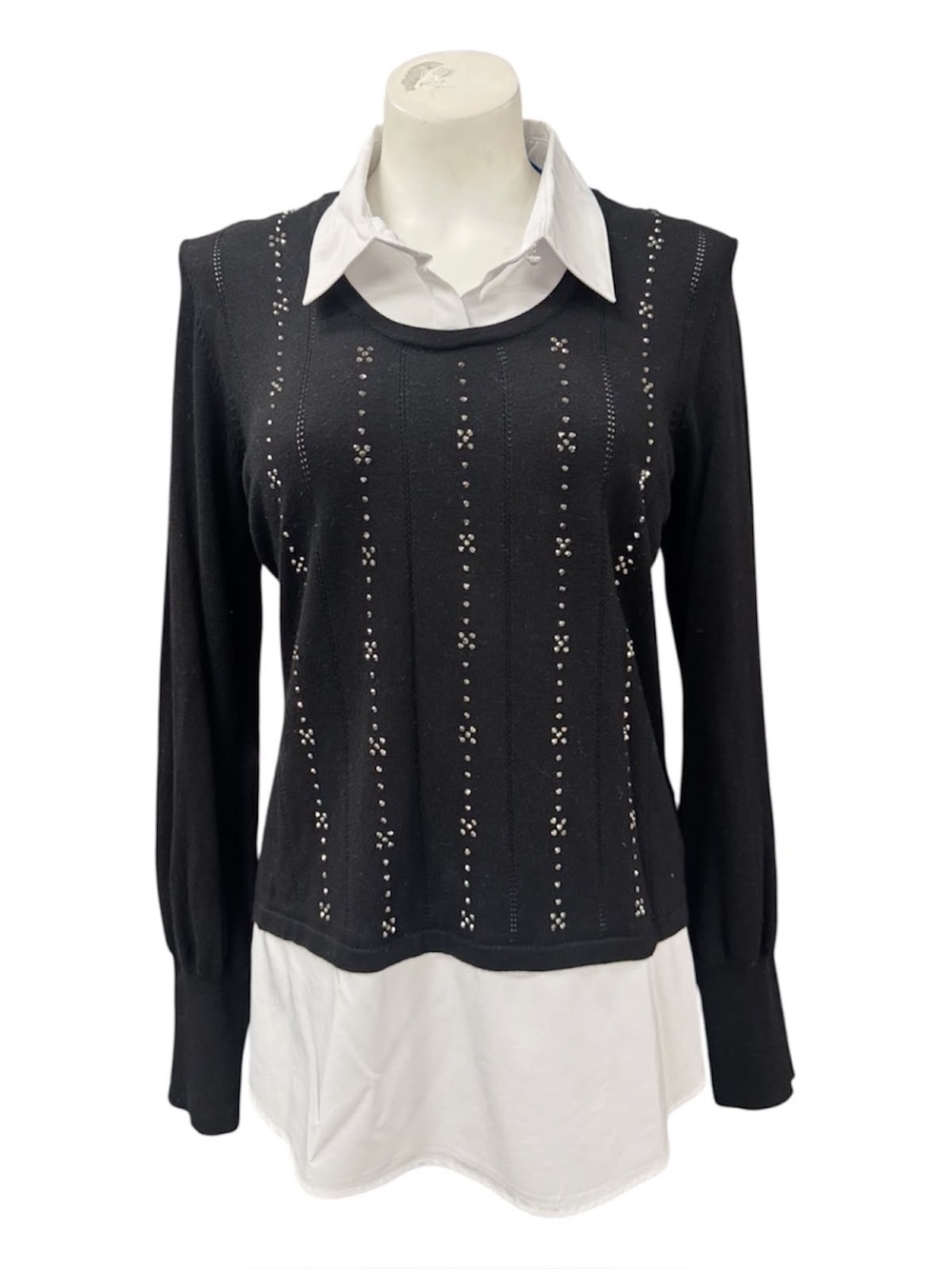 Laura Black Layered-Look Sweater Top with White Shirt Hem Size M